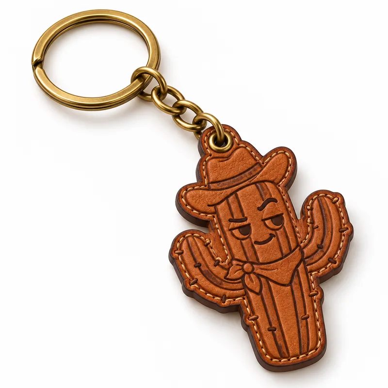 Illustrative stitched leather cactus keychain with a split ring