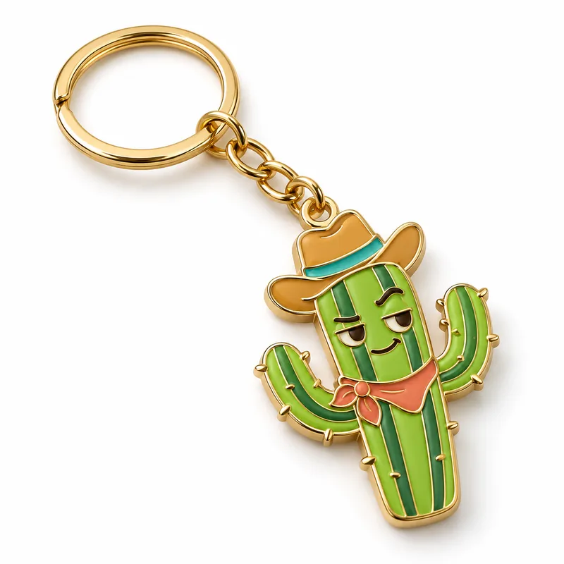 Illustrative gold-tone metal cactus keychain with colored enamel and a split ring