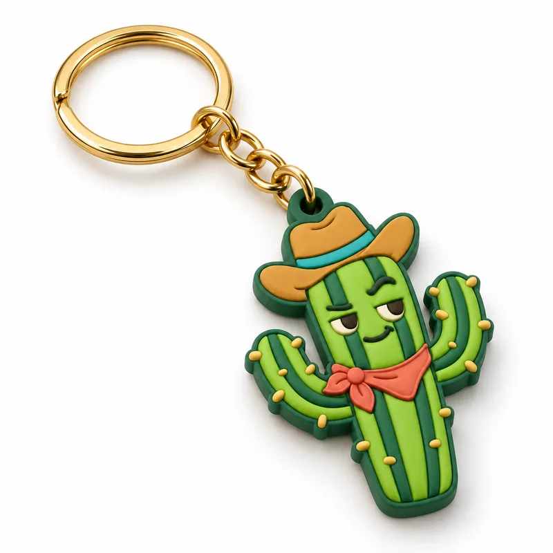 Illustrative flexible PVC cactus keychain with layered colors and a split ring