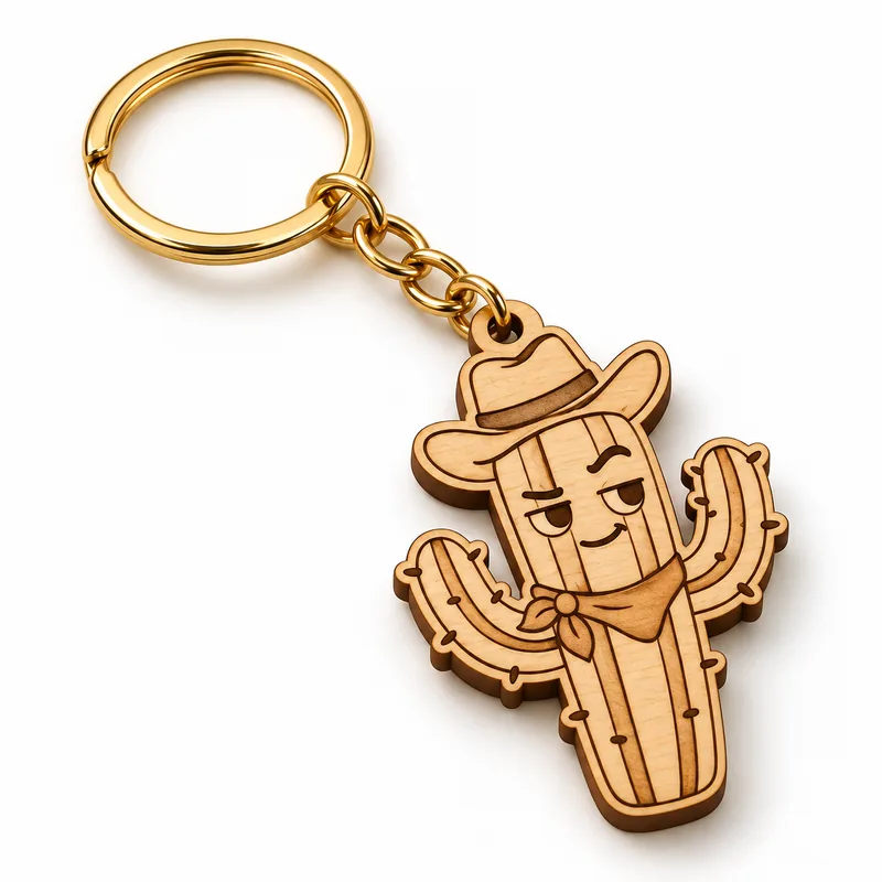 Illustrative engraved wood cactus keychain with a split ring