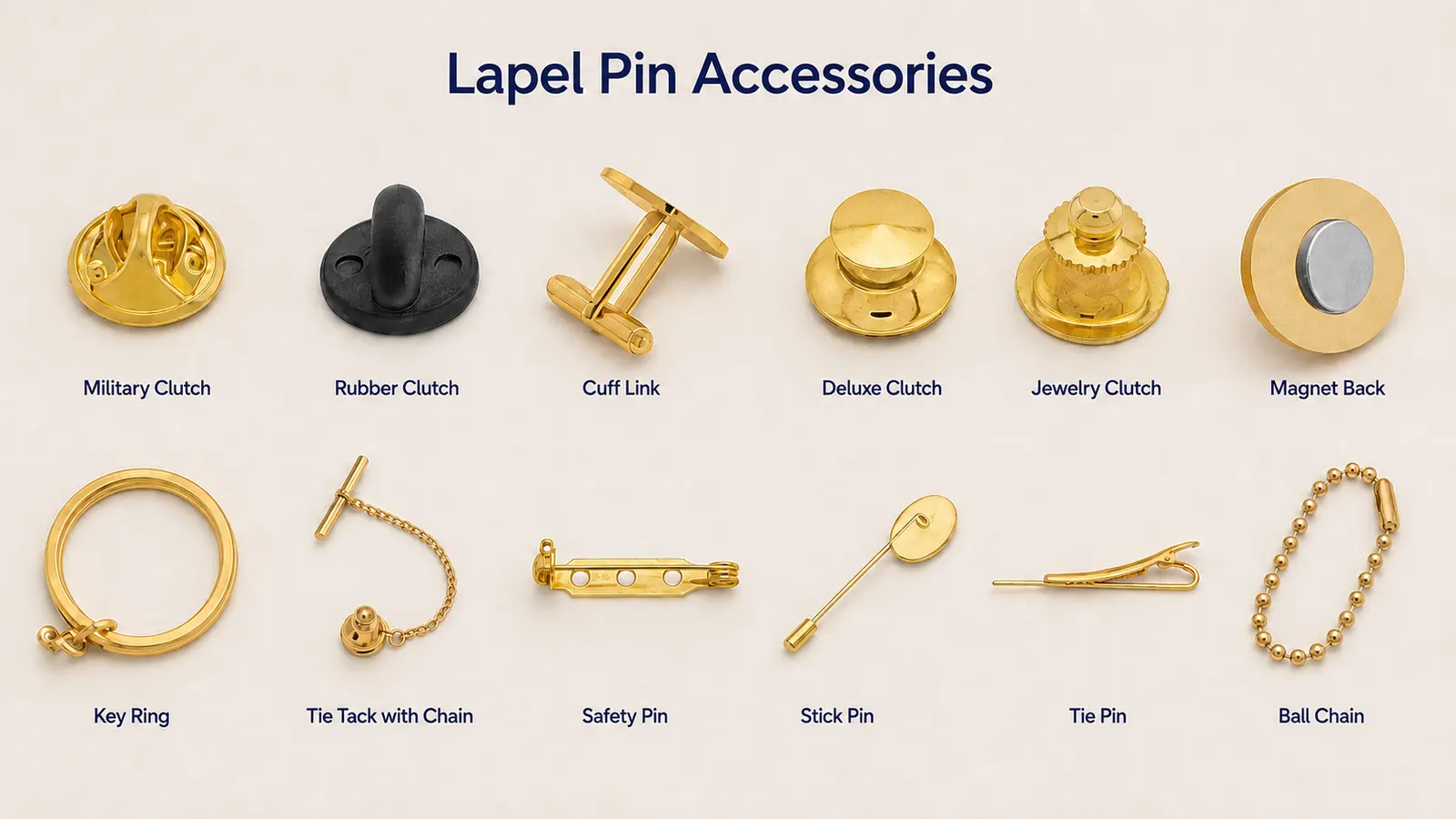 Twelve lapel pin attachments and accessories for custom metal pins