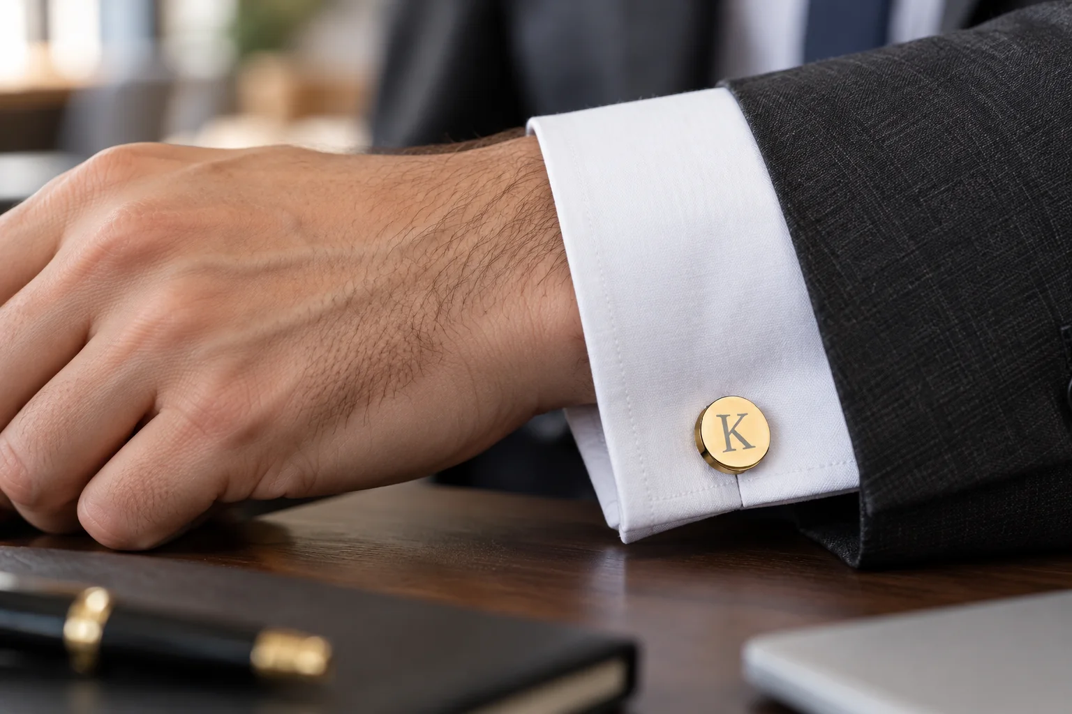 Gold-tone round cufflink with the letter K fastened to a white shirt cuff
