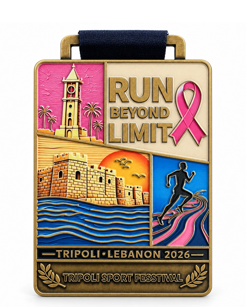 Finished rectangular medal with colorful details, a gold-tone border and a dark ribbon