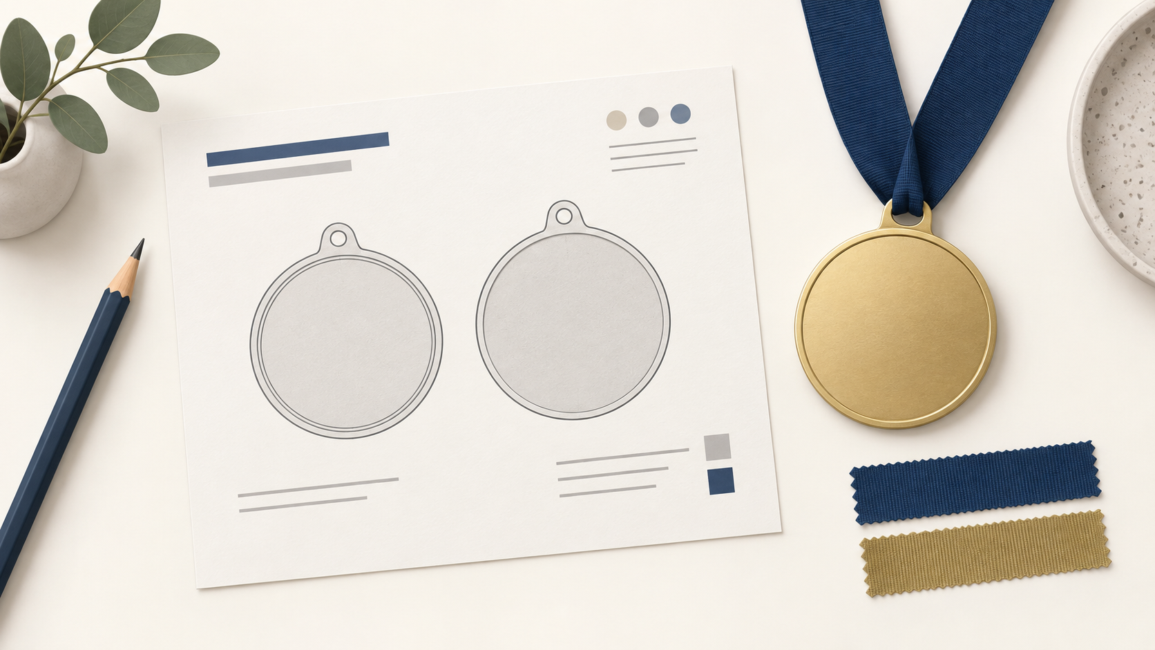 Illustration of a medal design review with a proof sheet, a plain medal, and ribbon swatches