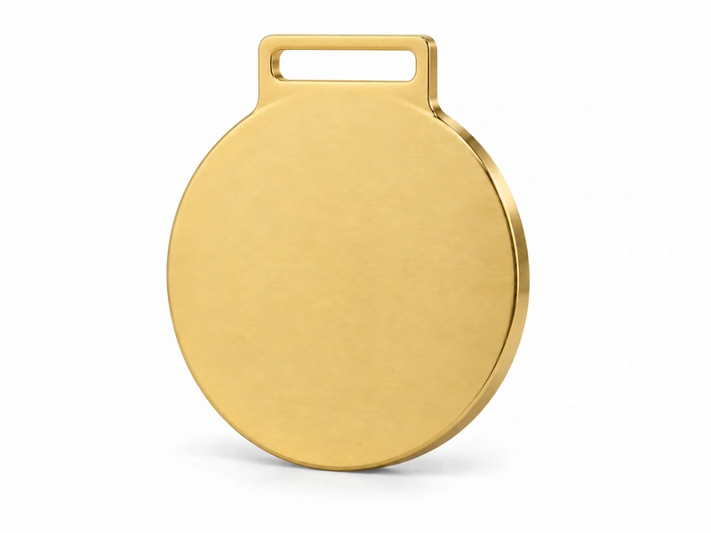 Gold medal with a wide rectangular ribbon loop