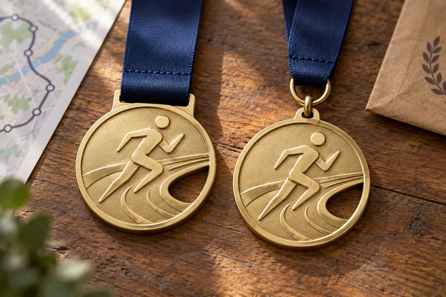 Medal ribbon passed through a slot beside a medal connected by a loop and ring