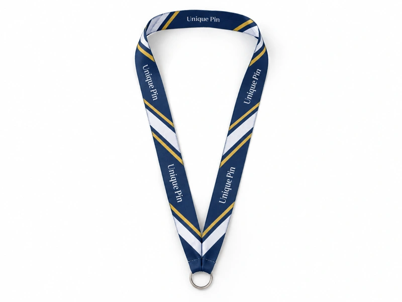 Navy medal ribbon with white and gold stripes and Unique Pin branding