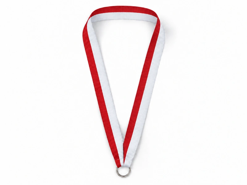Red and white medal ribbon with a metal attachment ring