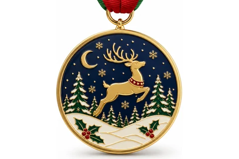 Christmas reindeer custom medal with ribbon