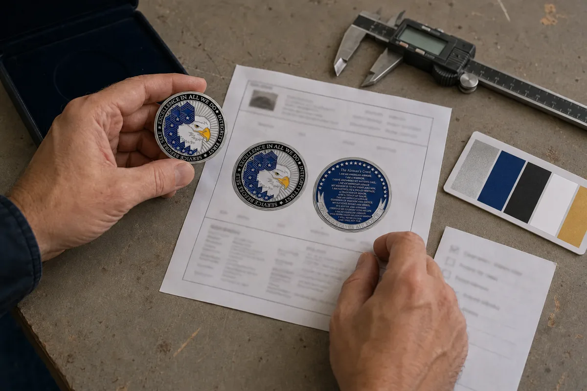 Reviewing names dates and artwork on a memorial challenge coin proof