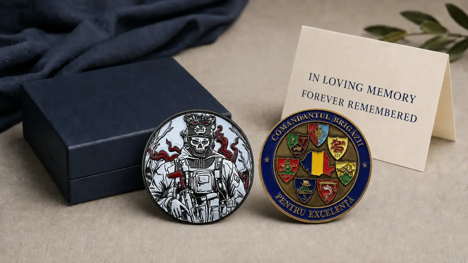 Generic memorial challenge coins prepared for a respectful presentation