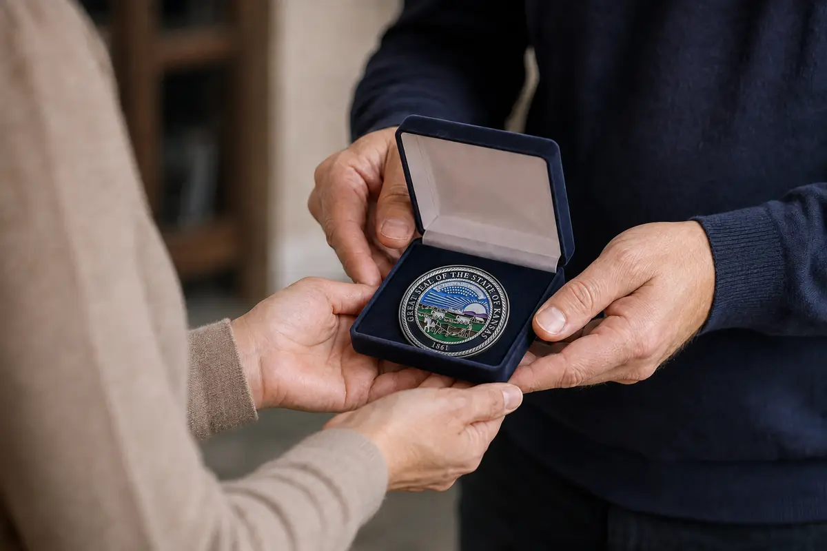 A generic memorial coin presented in a simple keepsake box