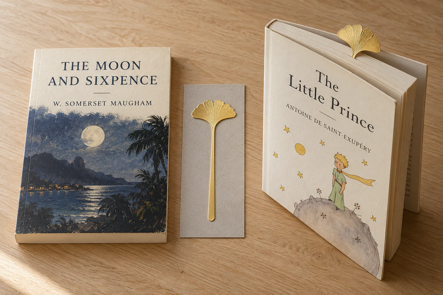 Annotated views showing a metal bookmark&rsquo;s body dimensions and top decoration above the pages