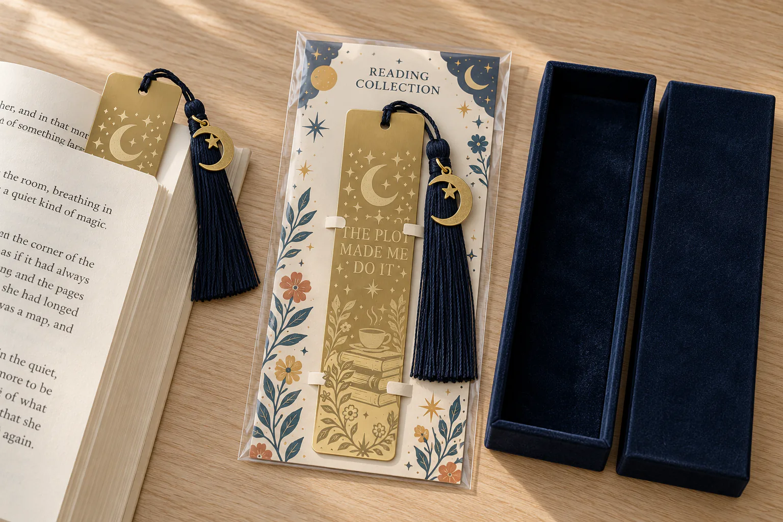 Matching metal bookmarks shown inside a book and secured to a backing card in a protective sleeve