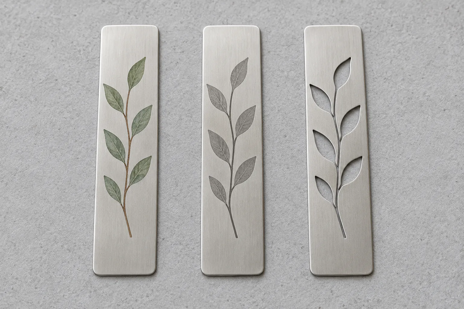 Three metal bookmark samples showing printed artwork, laser-engraved lines and cutout details