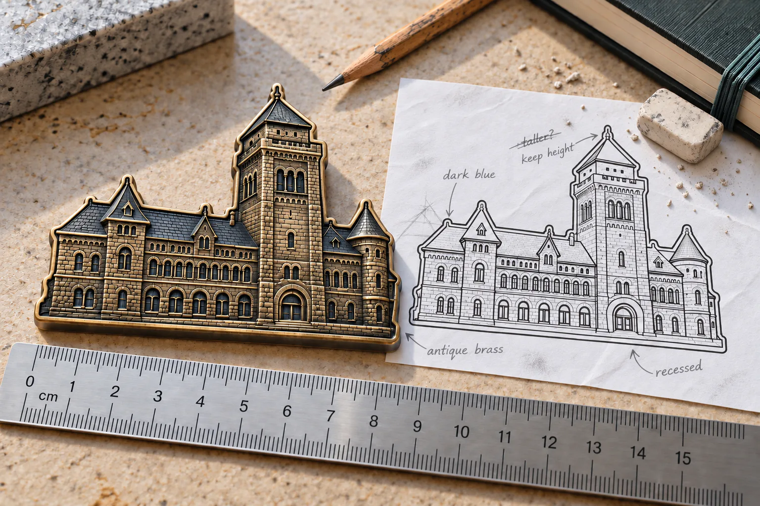 Close view of a metal souvenir magnet showing its outline and raised details beside a design sketch
