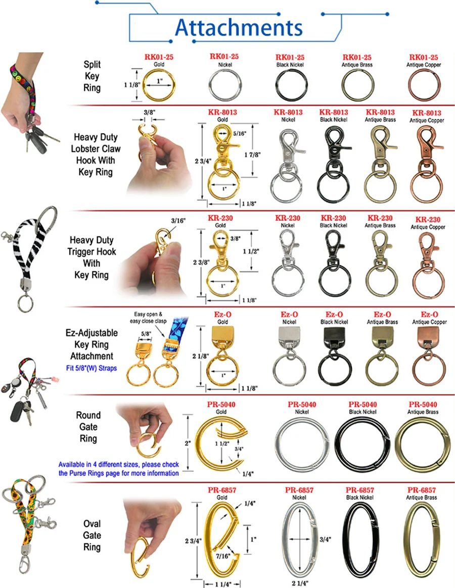 Additional split ring chain clasp hook and ring attachment examples for custom metal keychains
