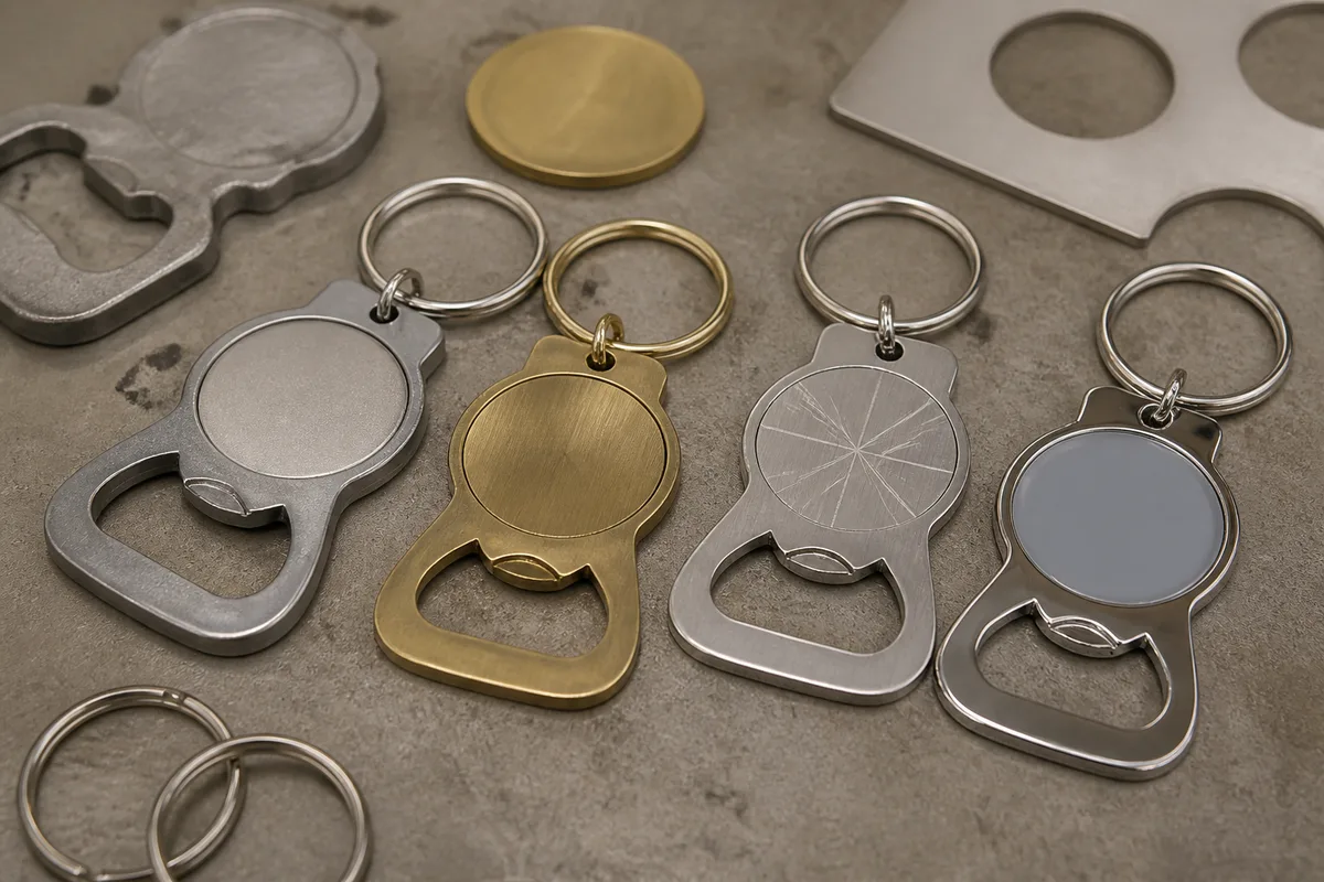 Metal keychain and bottle opener samples in silver, brass and polished finishes