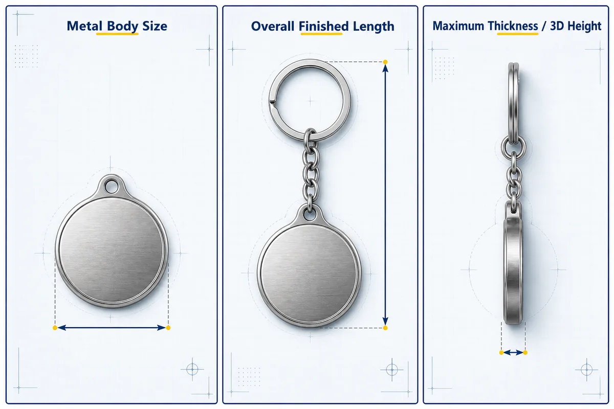 Diagram showing metal keychain body size finished length and maximum thickness