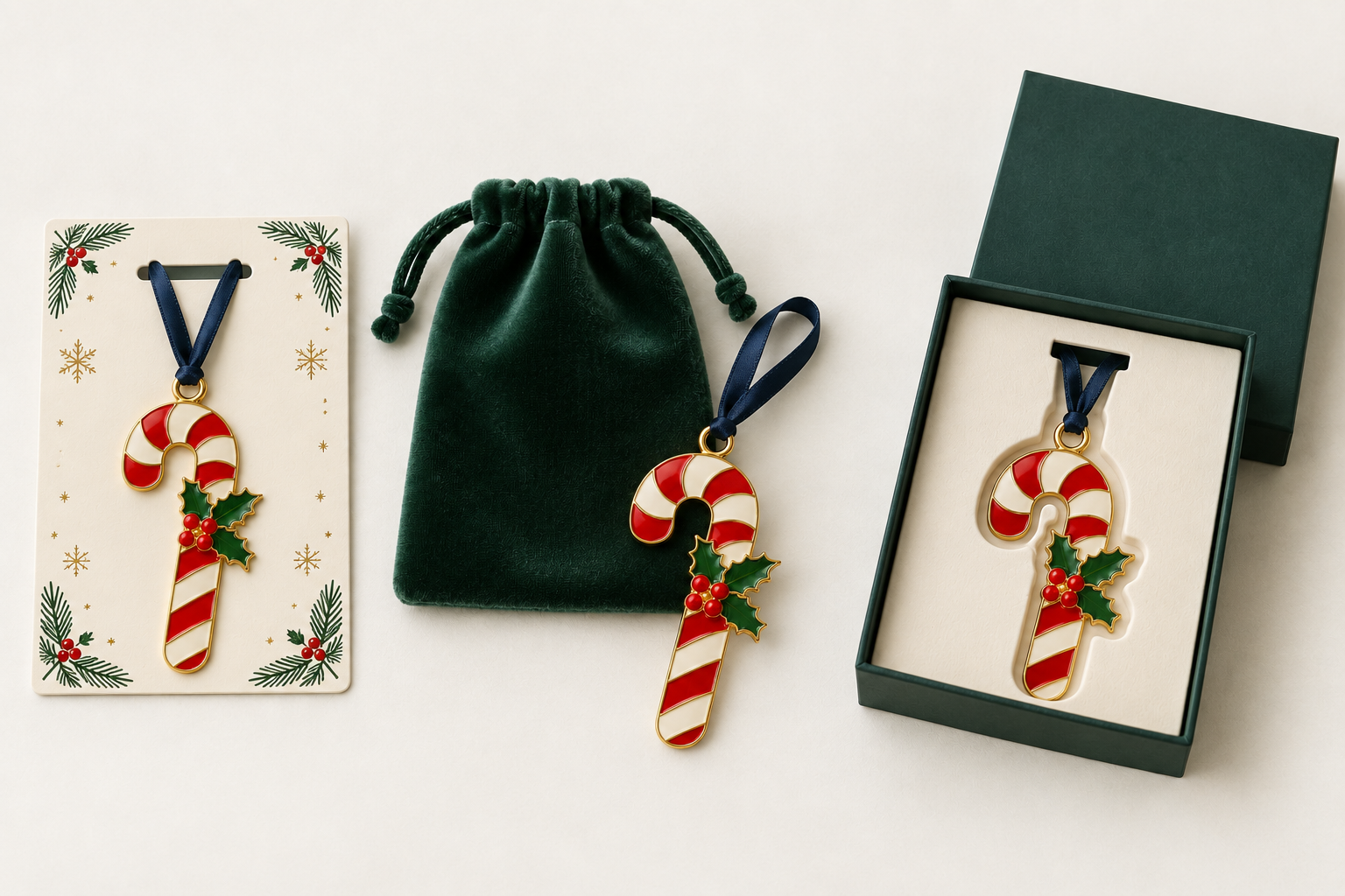 Concept packaging options for a candy cane ornament: a printed backing card, fabric pouch, and presentation box.