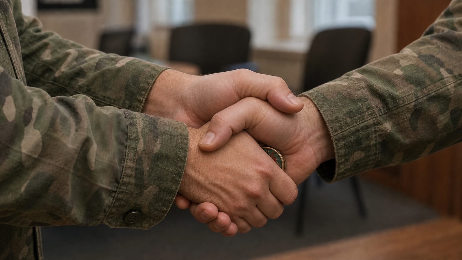 Military challenge coin presented discreetly during a handshake