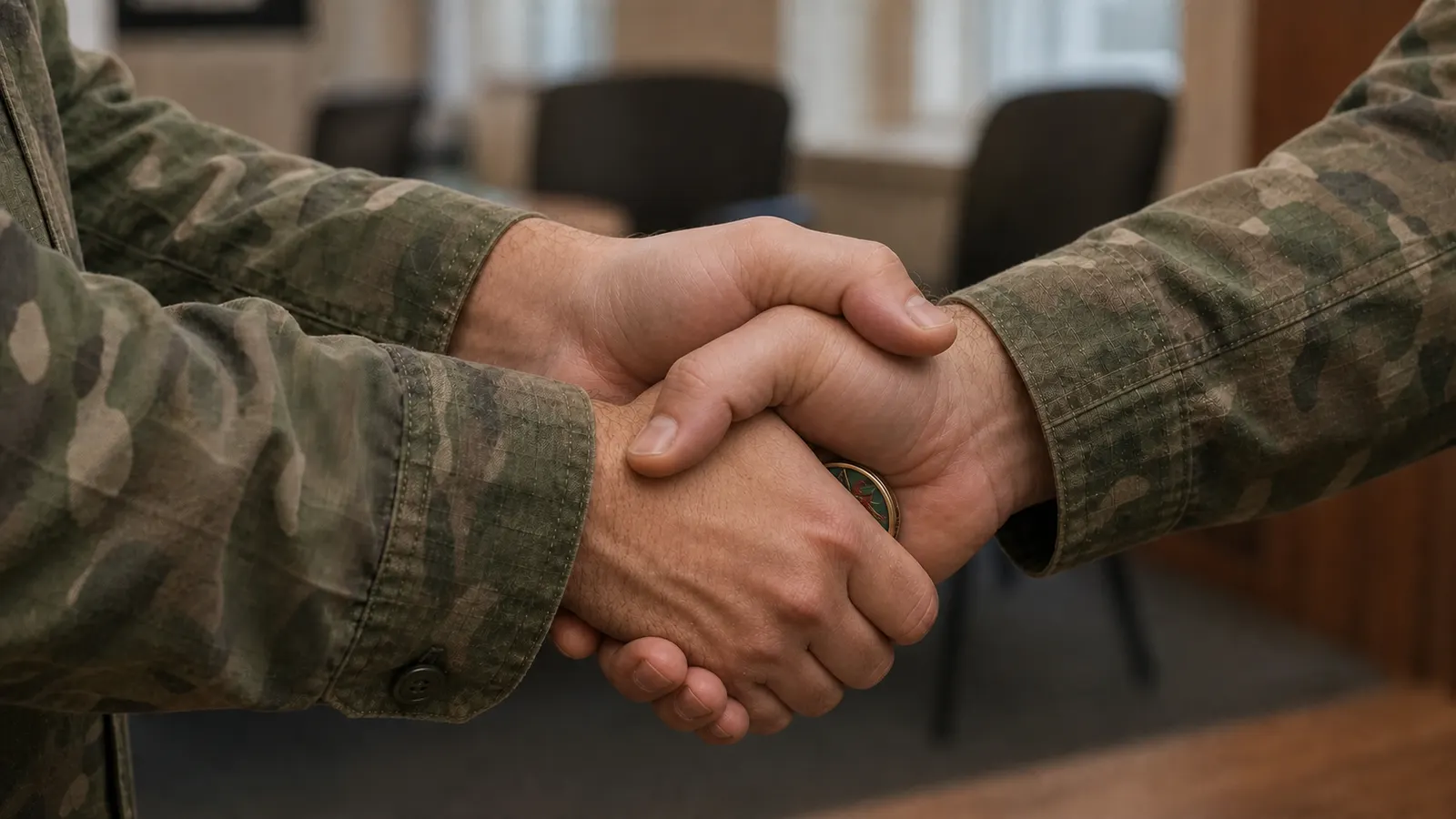 Military challenge coin presented discreetly during a handshake