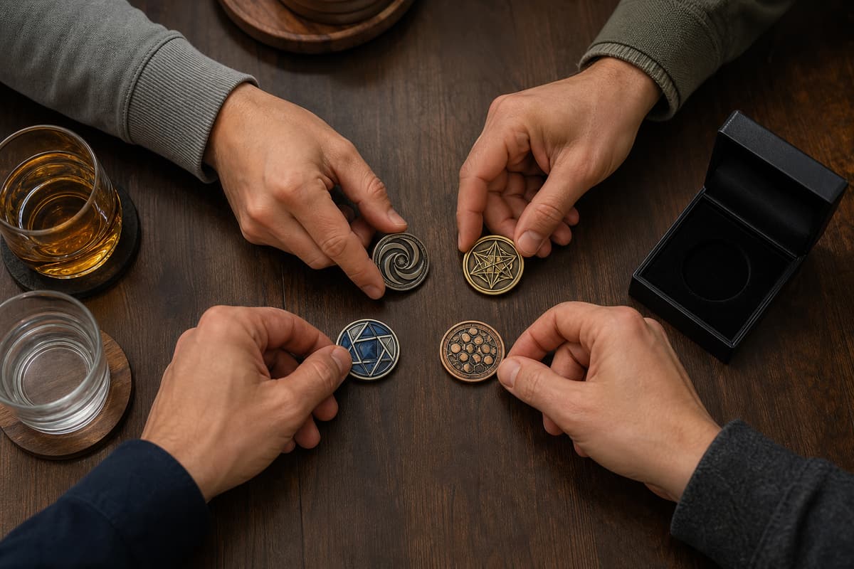 Group members taking part in an informal military coin check