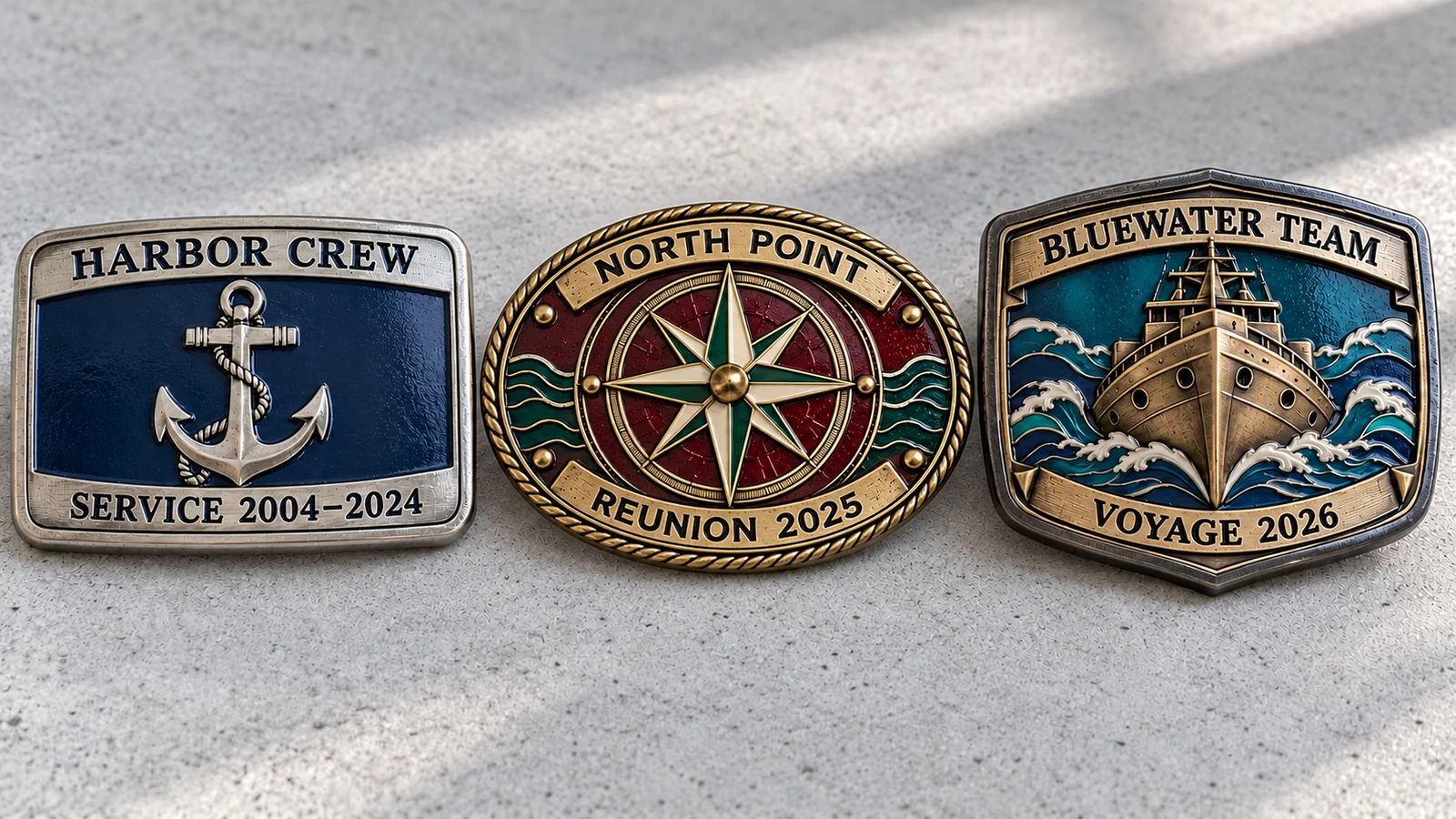 Navy Belt Buckle Unit Name and Date Detail Three nautical-themed commemorative belt buckle concepts showing names and dates on the front