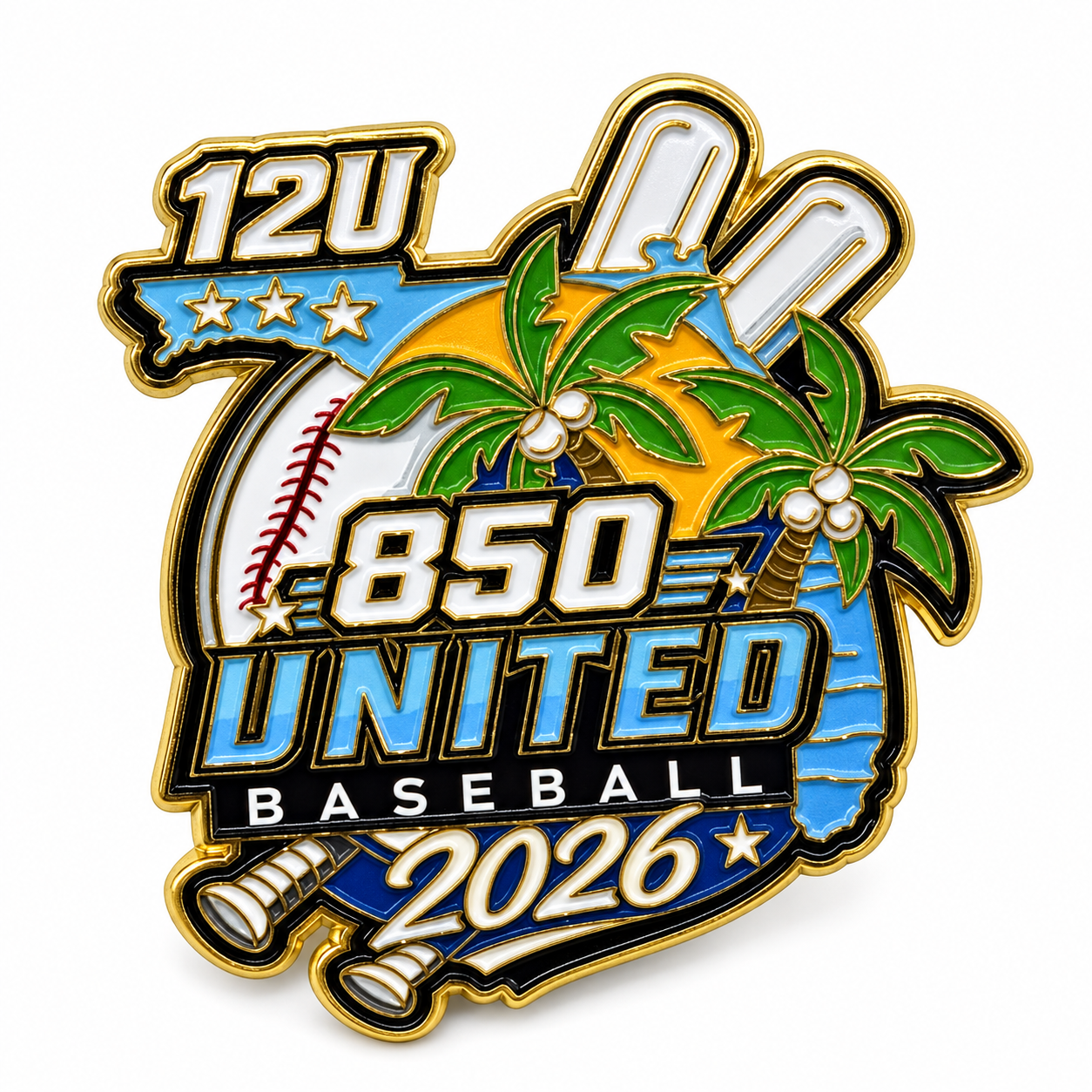 Finished 850 United baseball pin with colored enamel and gold-tone outlines