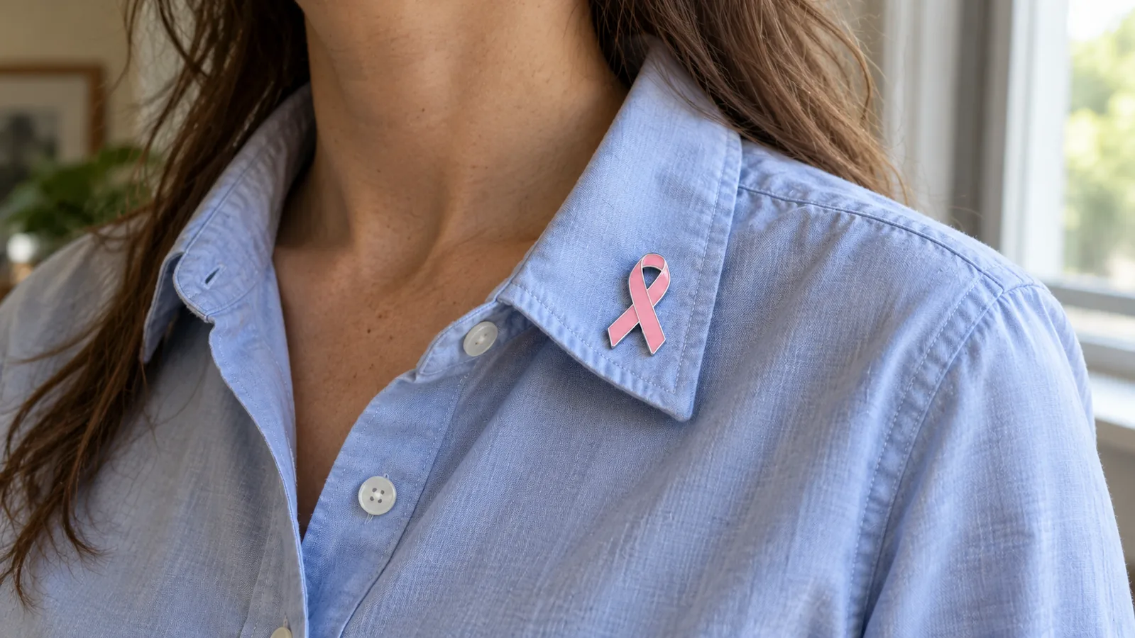 Pink ribbon lapel pin worn on the collar of a light blue shirt