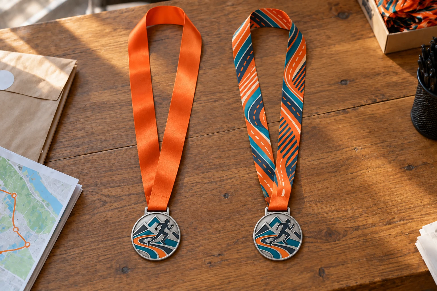 Same custom medal shown with a plain ribbon and a heat-transfer printed ribbon