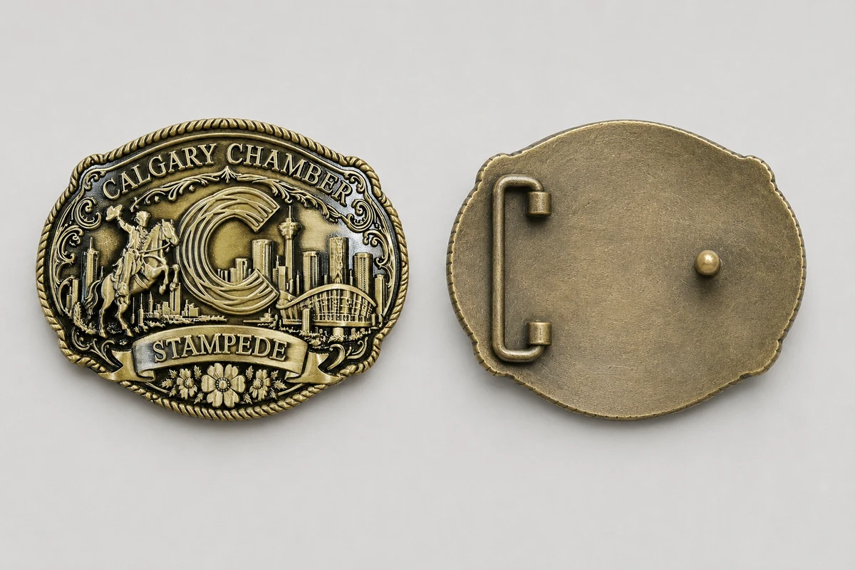 Front and back of a plate belt buckle with hinge and hook attachment