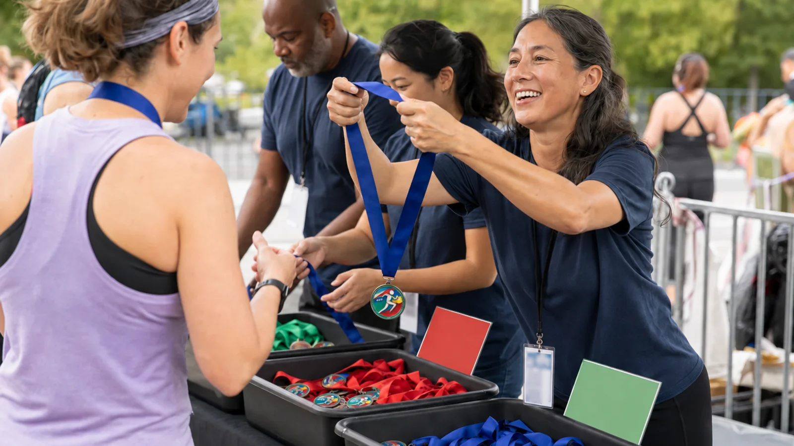 Volunteers sorting and distributing race medals by event category