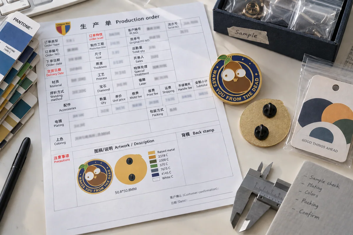 Real customer custom pin samples shown with production specifications