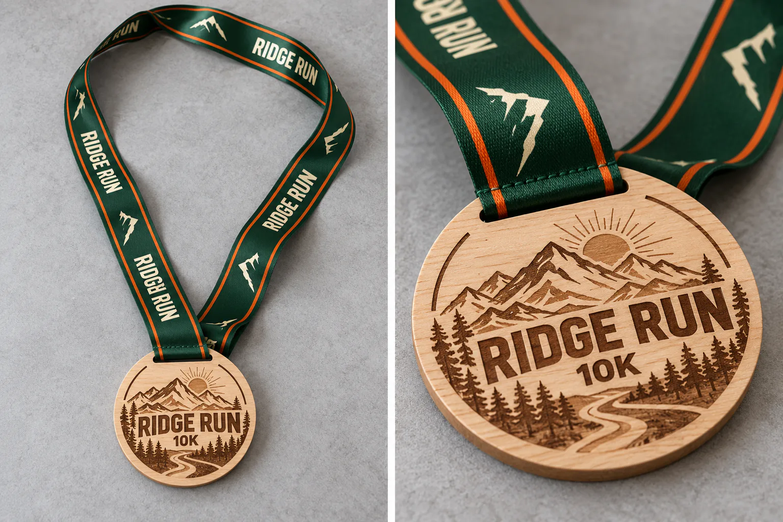 RIDGE RUN engraved wooden medal with a dark green and orange printed ribbon, shown in full and close-up views