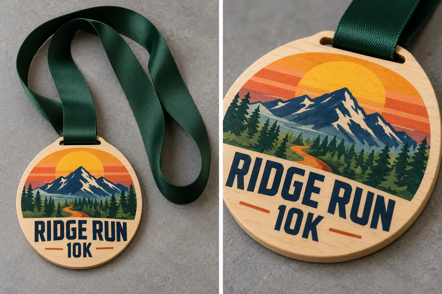 RIDGE RUN wooden medal concept with green and orange printed artwork, dark lettering and exposed wood