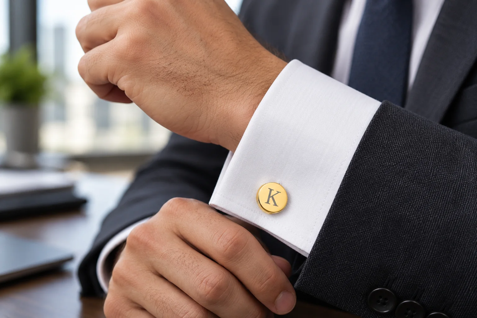 Gold-tone round cufflink with the letter K worn on a white French cuff