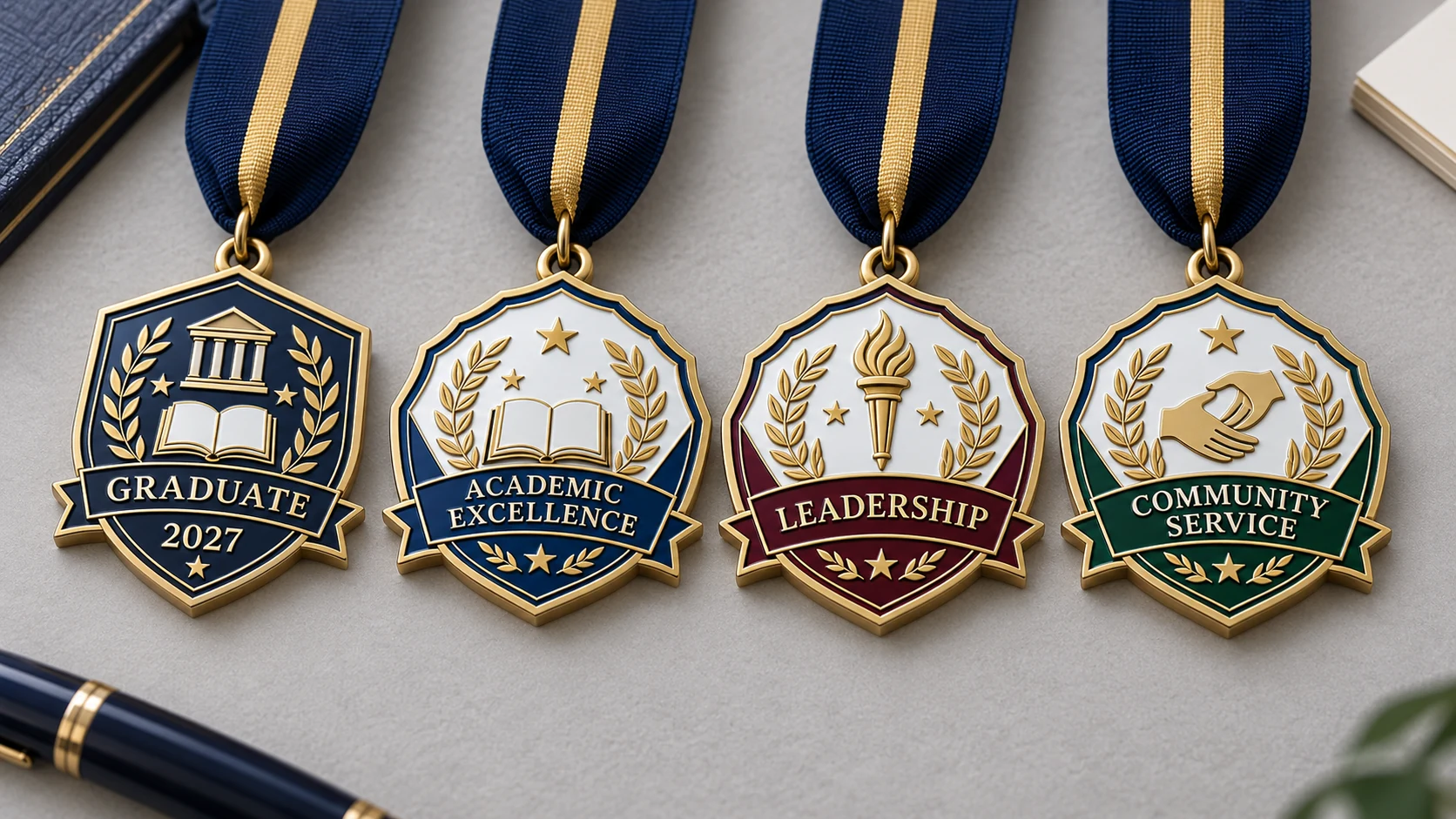 Four matching school graduation medal designs featuring a shared crest and different graduate, academic, leadership and community service symbols