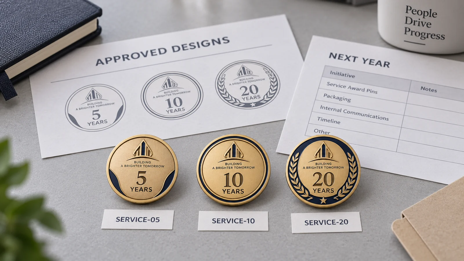 Matching employee service pins beside approved design records and next-year milestone planning sheets.