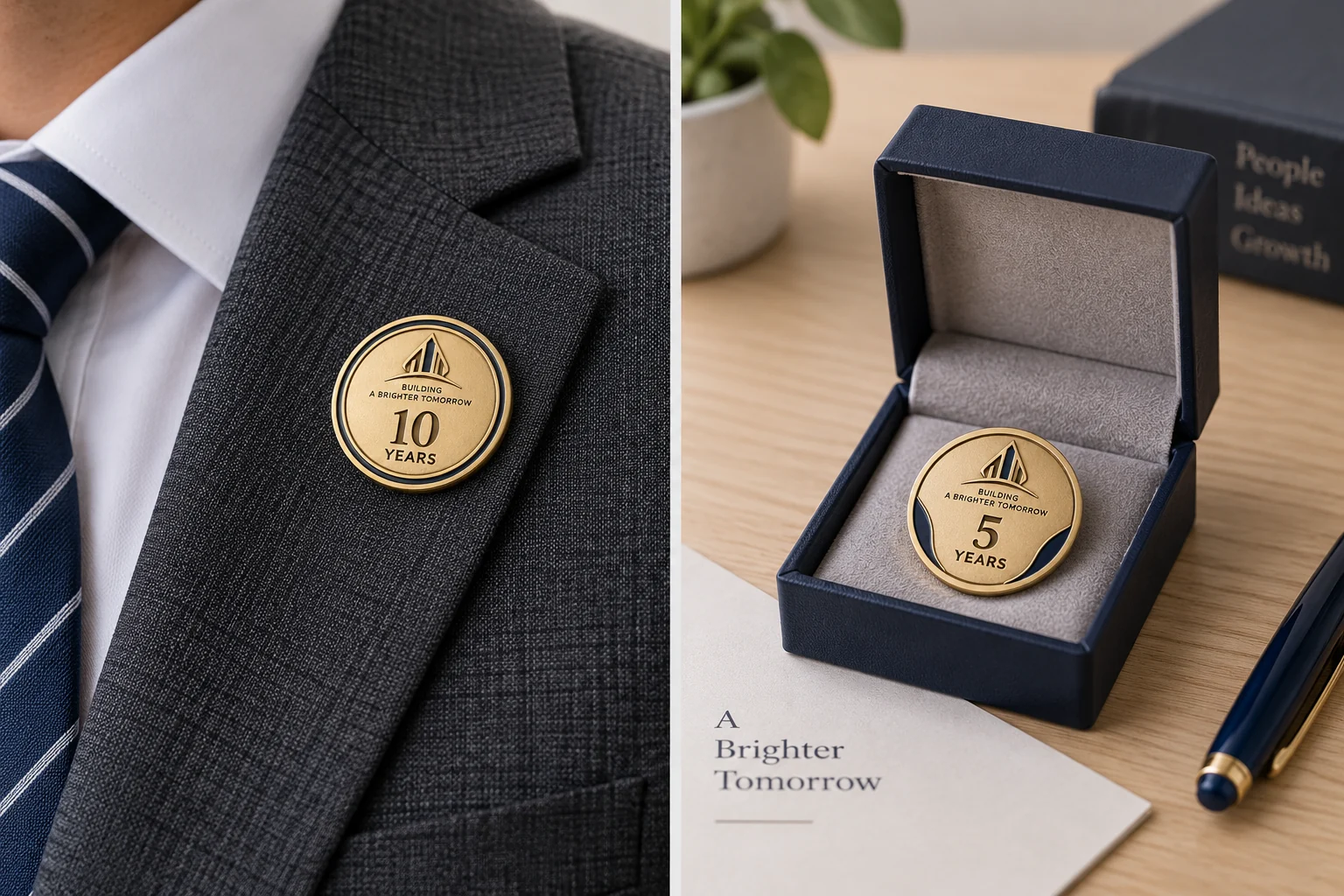 A 10-year service lapel pin worn on a business jacket beside a 5-year pin stored in a keepsake box.