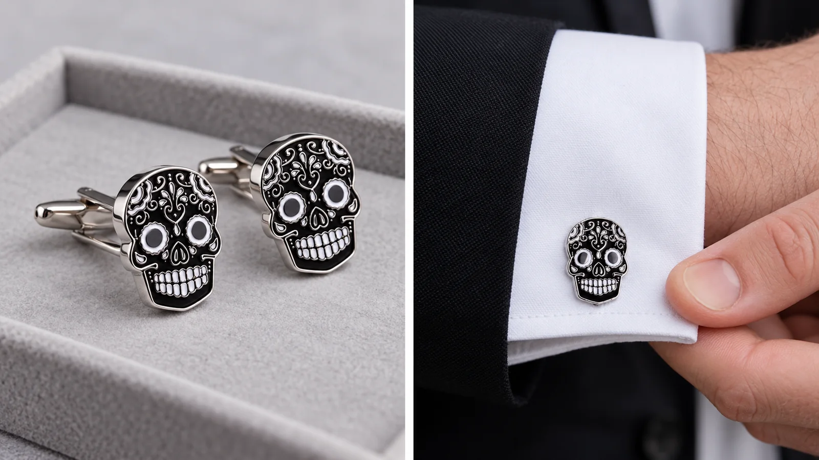 Black and silver-tone skull-shaped cufflinks shown as a pair and worn on a white shirt cuff