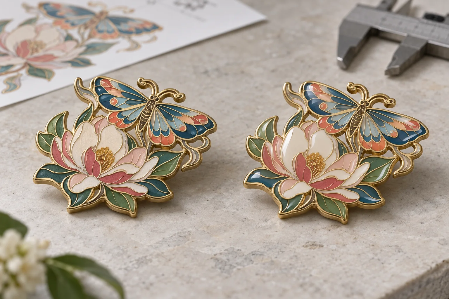 Identical soft enamel pins showing recessed colors without epoxy and a clear domed coating over the other pin