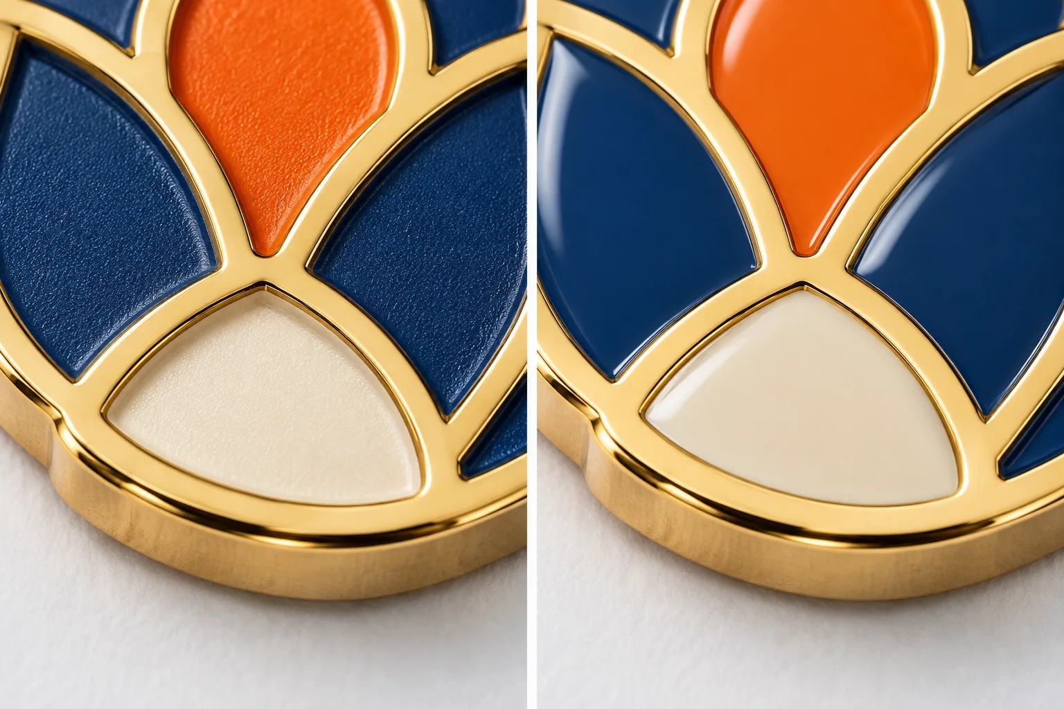 Close-up comparison of raised metal borders and recessed soft enamel beside a nearly level polished enamel surface