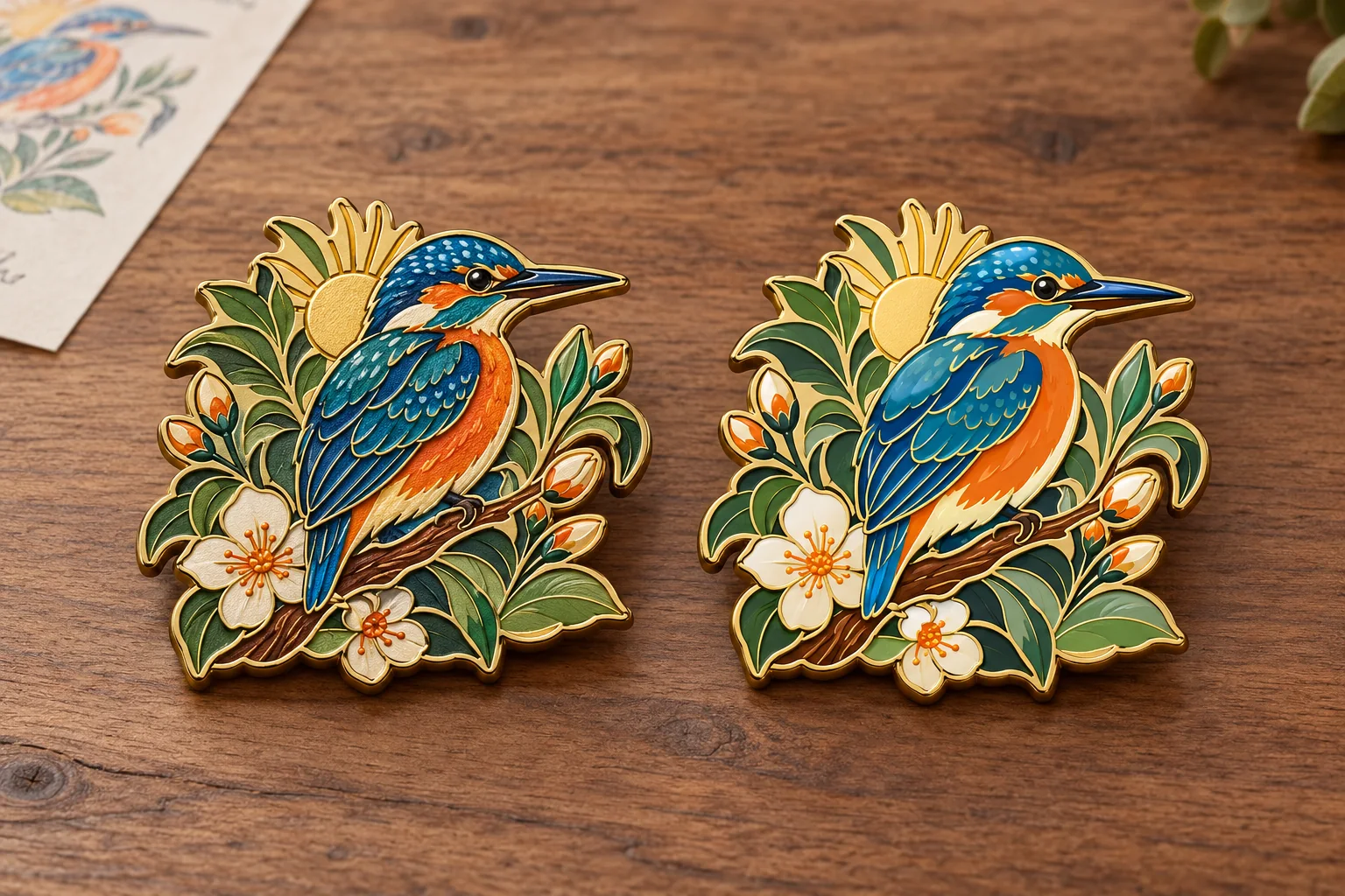 Two pins with the same design showing recessed soft enamel and a smooth polished hard enamel finish