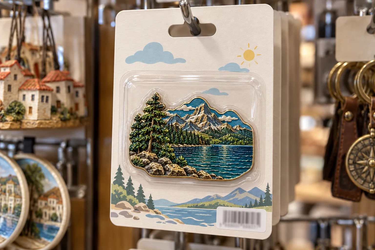 Souvenir magnet secured to a hanging retail backing card with a barcode area