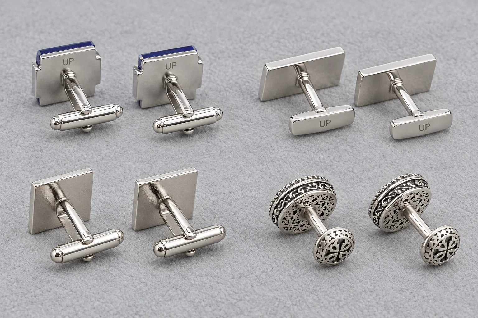 Rear view of a square cufflink showing the back plate, connecting post and swivel fastening bar