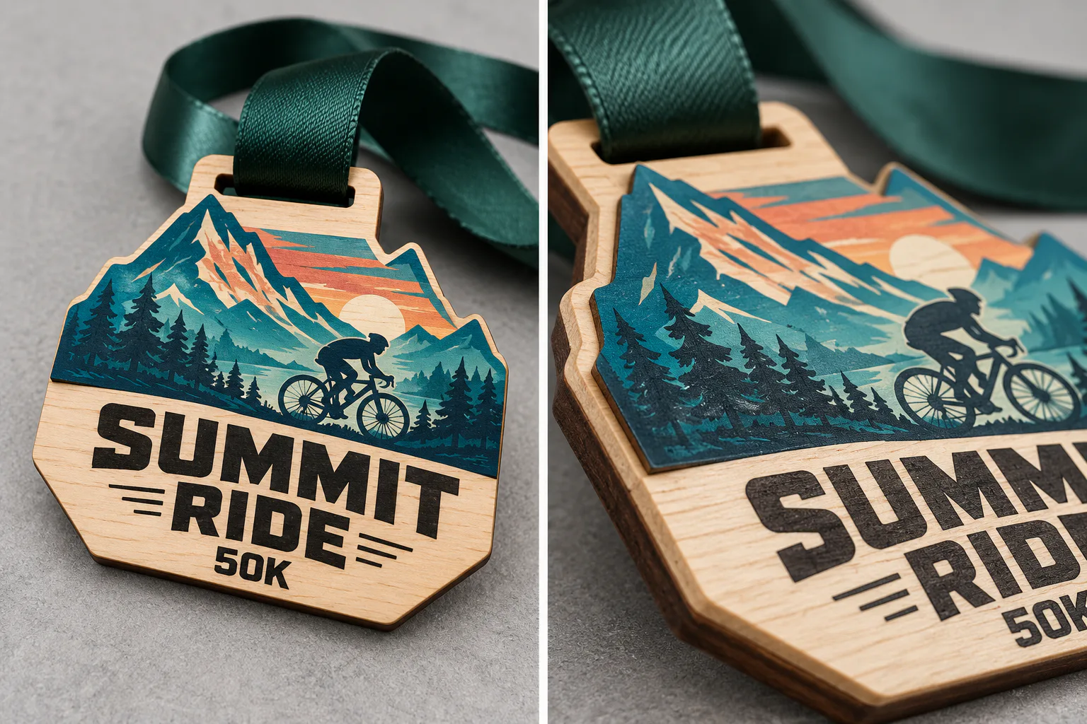 Two views of a SUMMIT RIDE wooden medal concept with a raised printed mountain layer over a wooden base and dark lettering