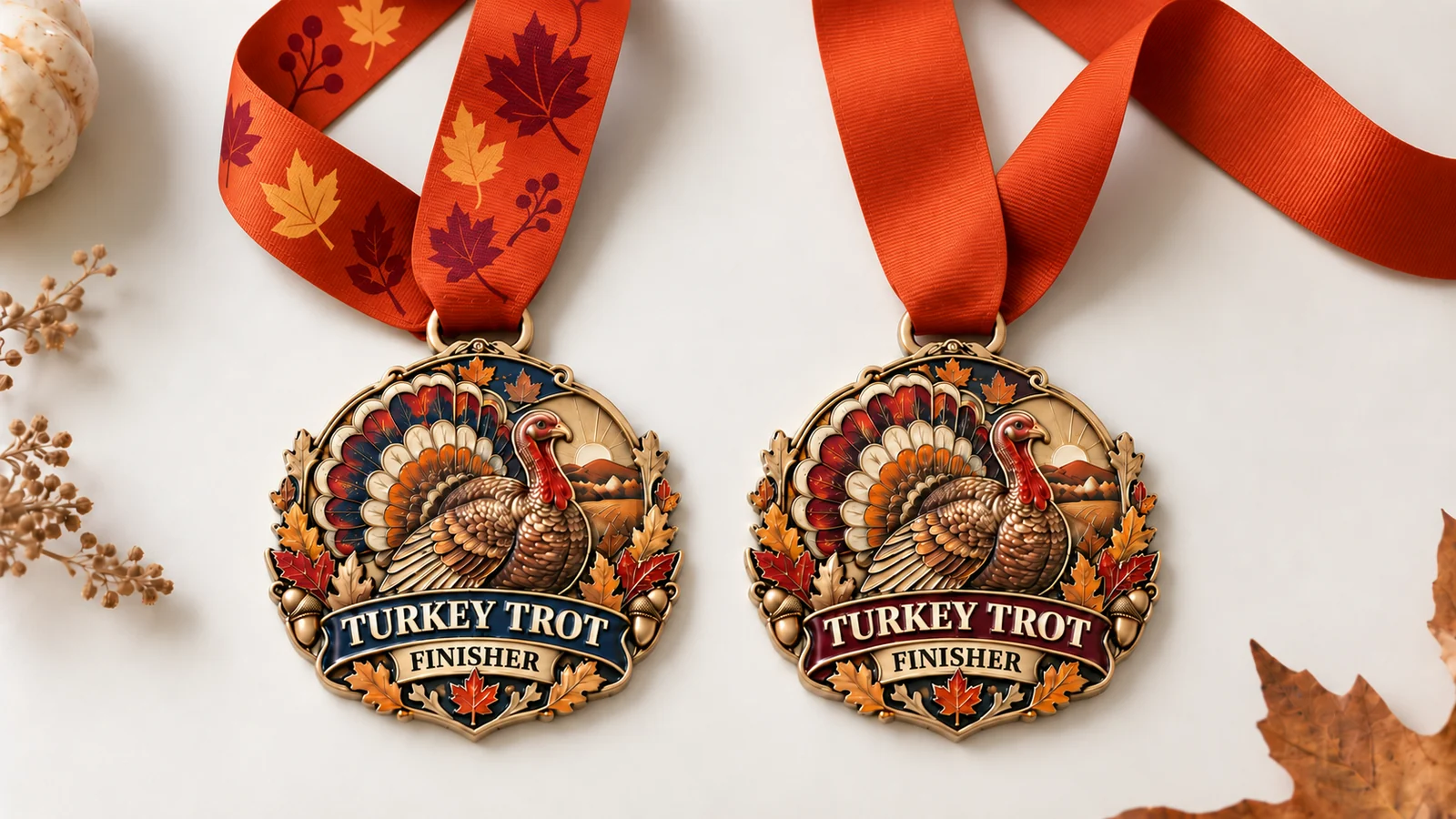 Matching turkey medal designs with two different ribbon colors