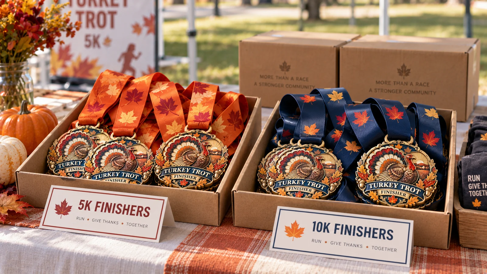 Two trays of turkey medals sorted by navy and orange ribbons