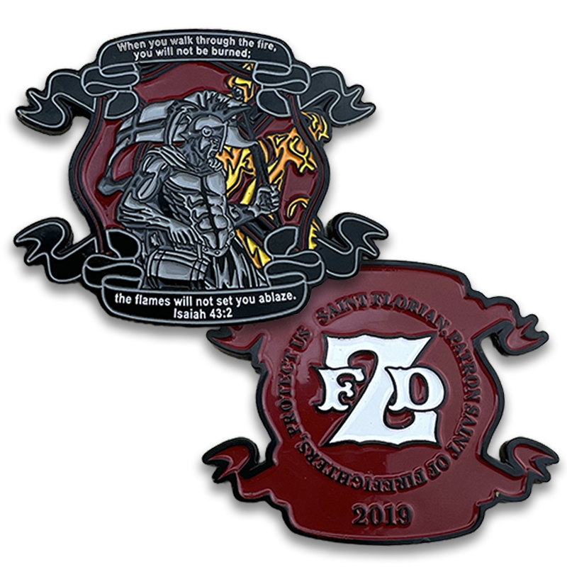 Saint Florian firefighter custom shape challenge coin